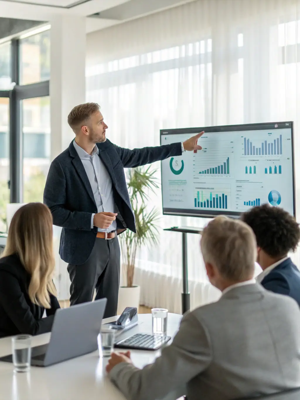 A consultant presenting a strategic plan to a business team, highlighting key performance indicators and growth strategies, showcasing business consulting services.