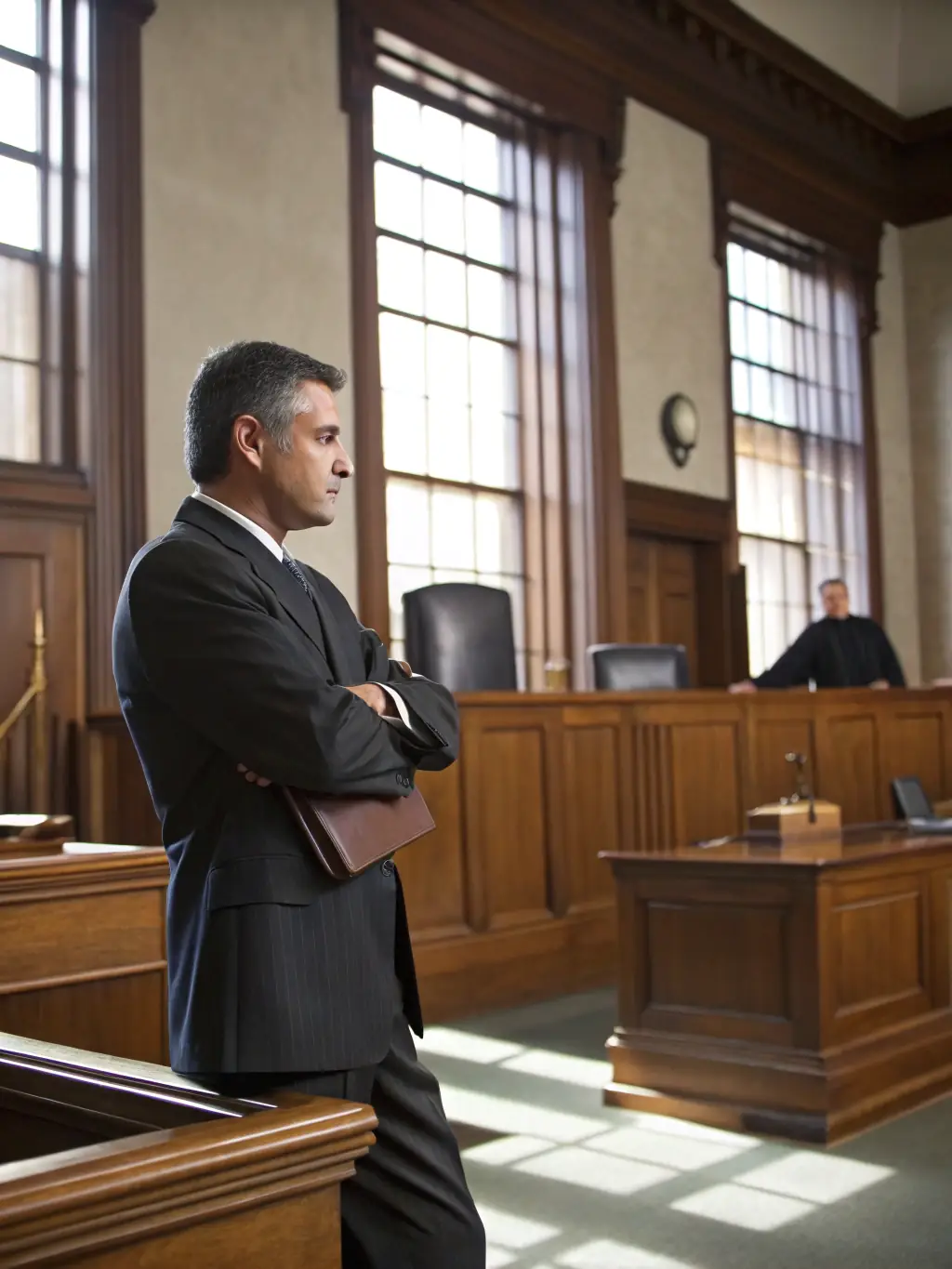 A paralegal assisting a lawyer in court, organizing documents and preparing for a case, showcasing paralegal support services.