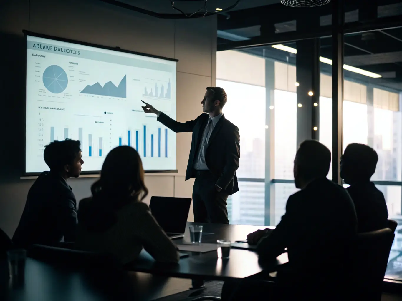 An image of a business consultant presenting a strategic plan to a group of professionals, representing business consulting services.