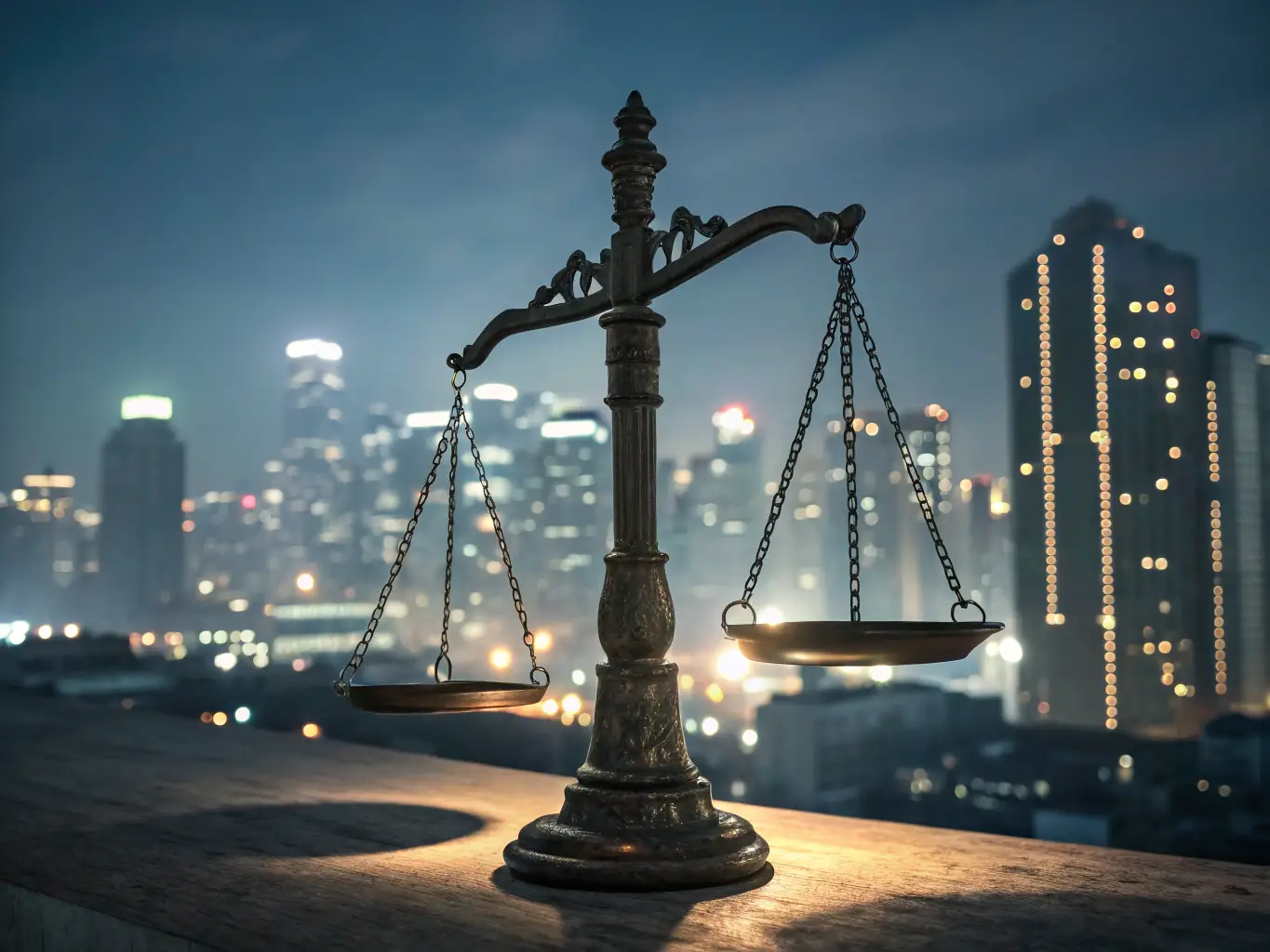 A balanced scales of justice with business charts in the background, symbolizing the integration of legal and business strategies.